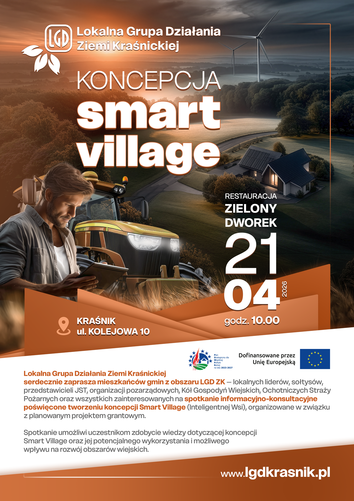 Plakat promocyjny wydarzenia "Koncepcja Smart Village". Zawiera informacje o lokalizacji, dacie i godzinie. Grafika przedstawia gospodarza na polu z tabletem, tło z domami i barwami jesieni.