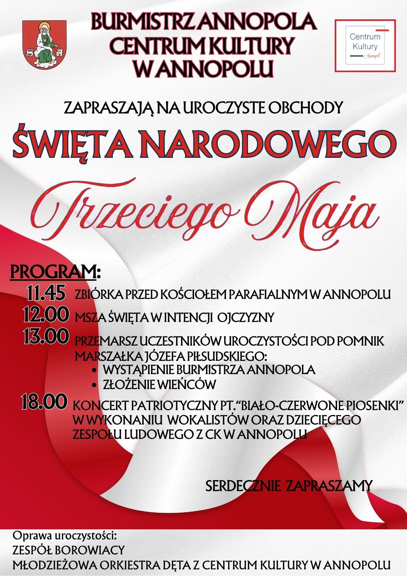 Plakat z informacjami o obchodach Święta Narodowego Trzeciego Maja w Annopolu. Zawiera harmonogram wydarzeń, takich jak msza, przemarsz z orkiestrą i wieczorne śpiewanie pieśni patriotycznych.