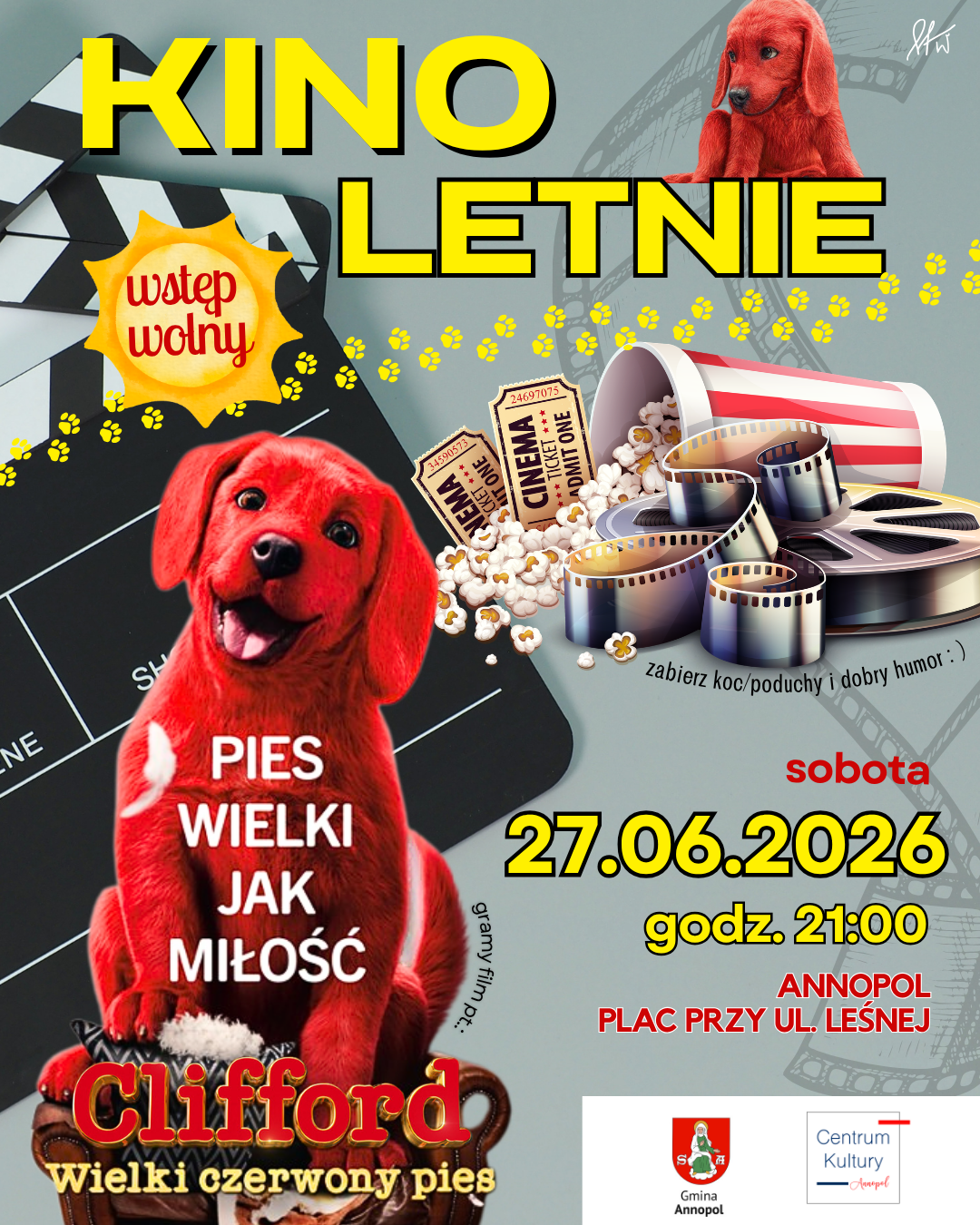 Czerwony pies Clifford na tle kliszy filmowej. Napis "Kino letnie" oraz szczeg&oacute;ły wydarzenia: &bdquo;Pies wielki jak miłość&rdquo;, odbywa się 27.06.2026 o godz. 21:00 na placu w Annopolu. Wstęp wolny.