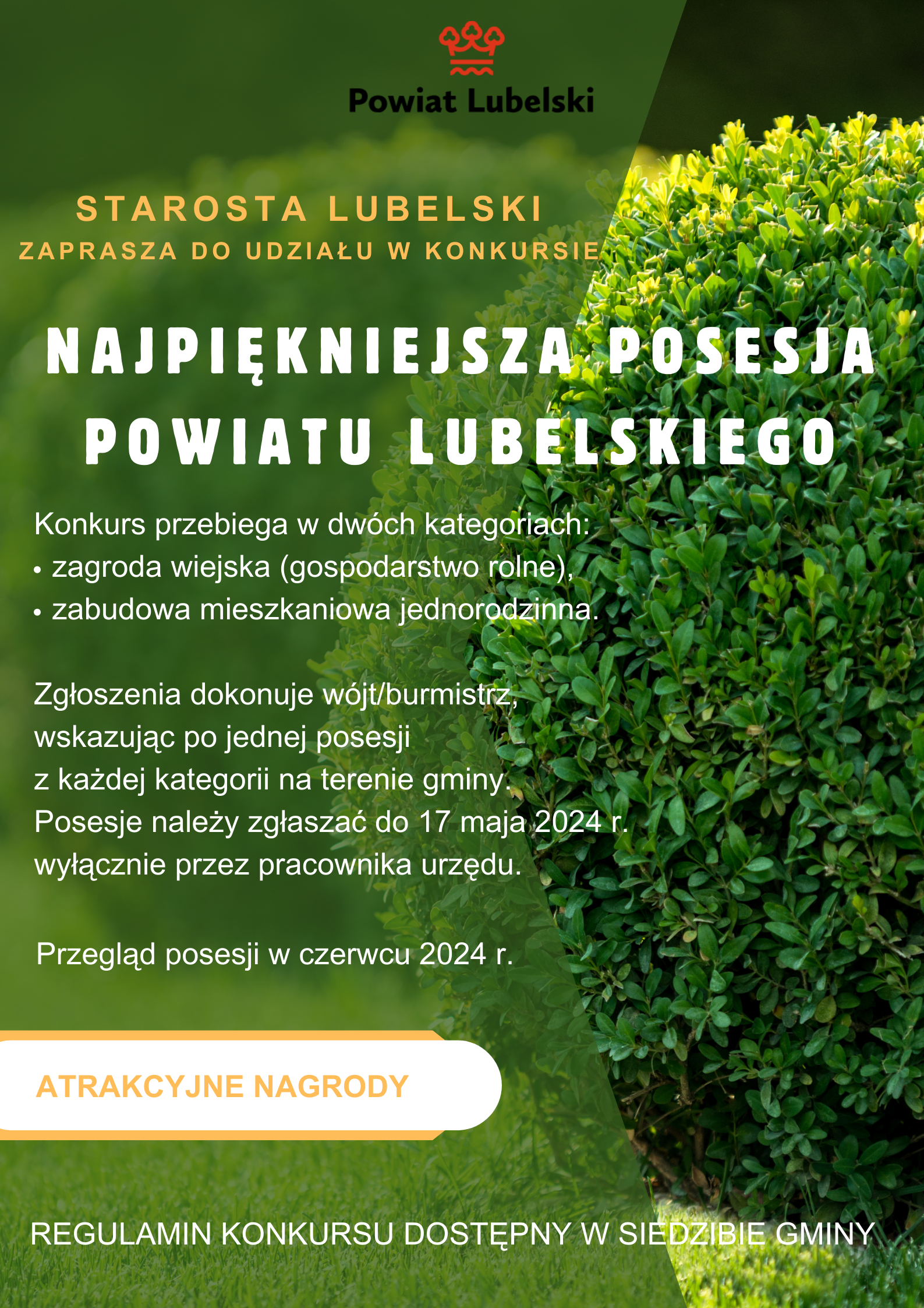Grafika na zielonym tle przedstawia informacje dotyczące konkursu na najpiękniejszą posesję Powiatu Lubelskiego.