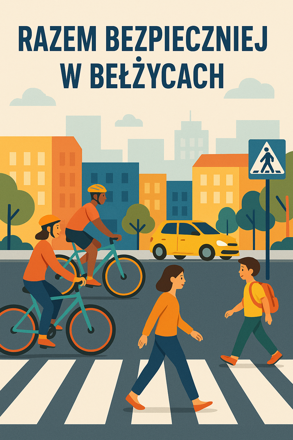 Granatowy napis następującej treści: Razem bezpieczniej w Bełżycach. Poniżej grafika przedstawia ludzi przechodzących przez pasy oraz na drugim planie rowerzystów