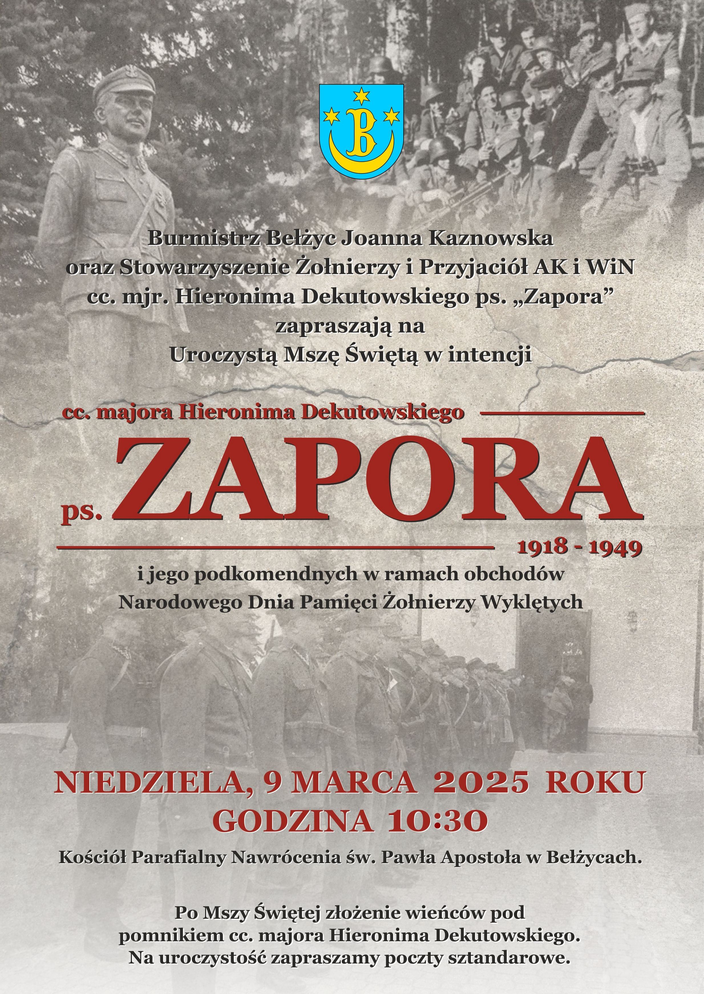 Grafika przedstawia fragment plakatu na uroczystą Mszę Świętą. Na środku znajduje się herb gminy Bełżyce na tle czarno białych fotografii.