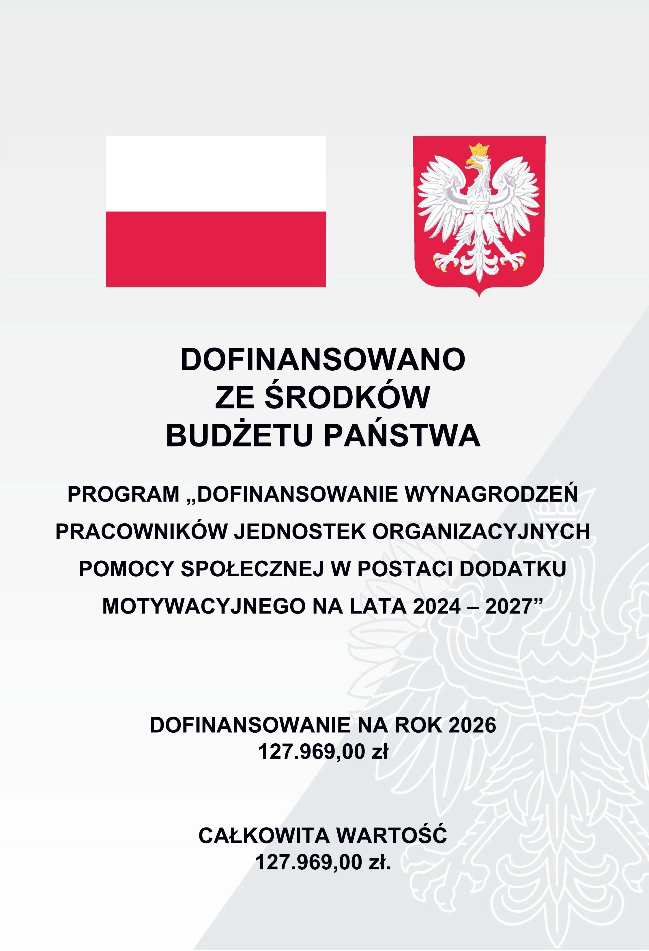 Grafika informacyjna z biało-czerwonym tłem i symbolem Polski – flagą oraz godłem. Na środku widnieje napis: ‘Dofinansowano ze środków budżetu państwa’. Poniżej informacja o programie dofinansowania wynagrodzeń pracowników jednostek organizacyjnych pomocy społecznej w formie dodatku motywacyjnego na lata 2024–2027. Na dole podano kwoty: dofinansowanie na rok 2026 – 127 969,00 zł oraz całkowita wartość – 127 969,00 zł.