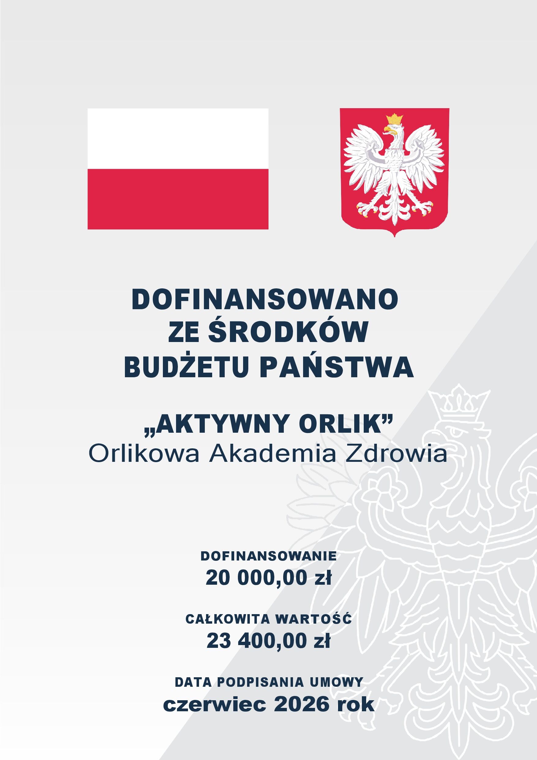 Plakat informacyjny o dofinansowaniu projektu „Aktywny Orlik” z budżetu państwa, z flagą i godłem Polski. Kwota dofinansowania to 20 000 zł.