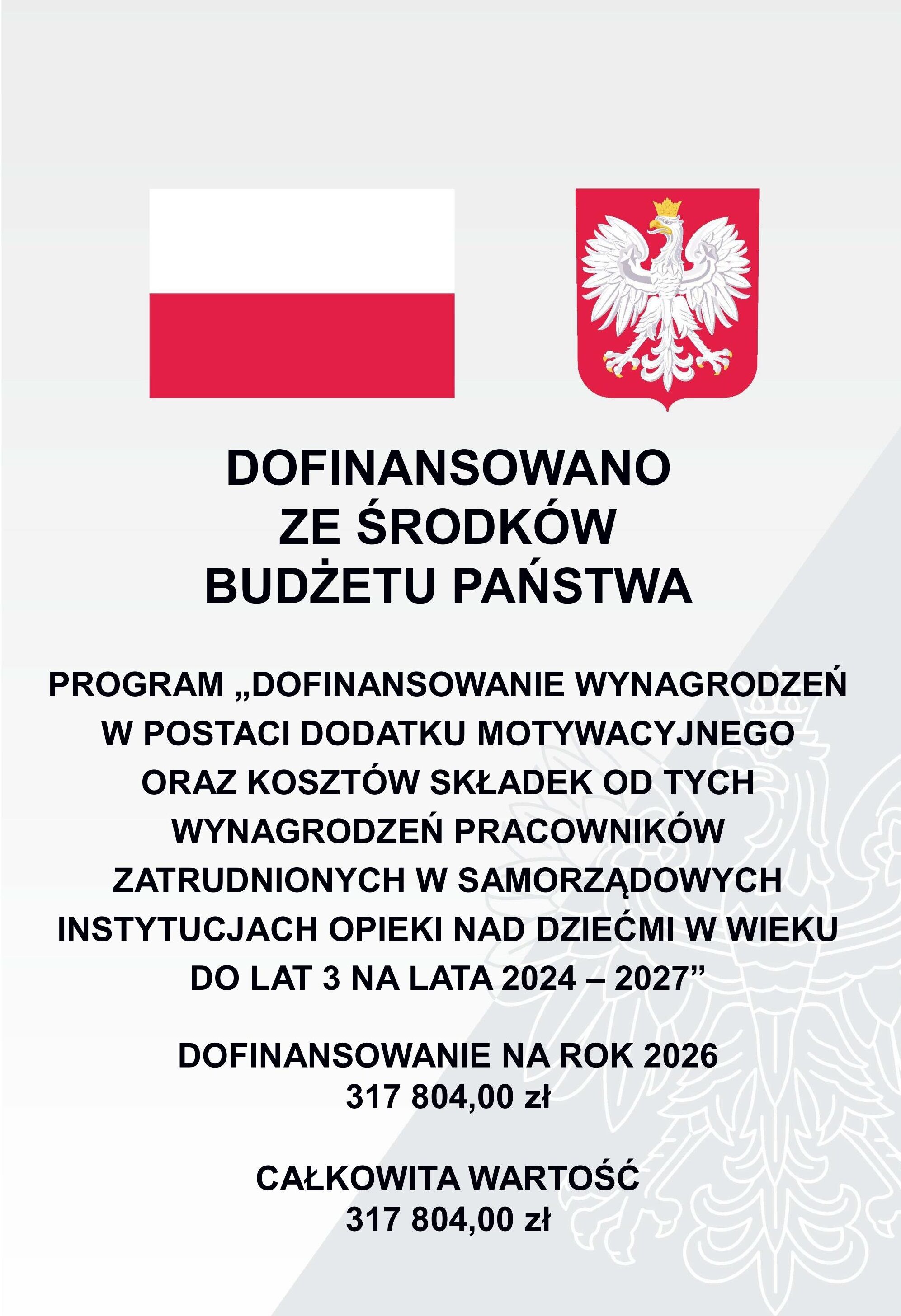 Plakat informacyjny o dofinansowaniu z budżetu państwa. Na górze widnieją flaga i godło Rzeczypospolitej Polskiej. Poniżej znajduje się tekst: „Dofinansowano ze środków budżetu państwa. Program