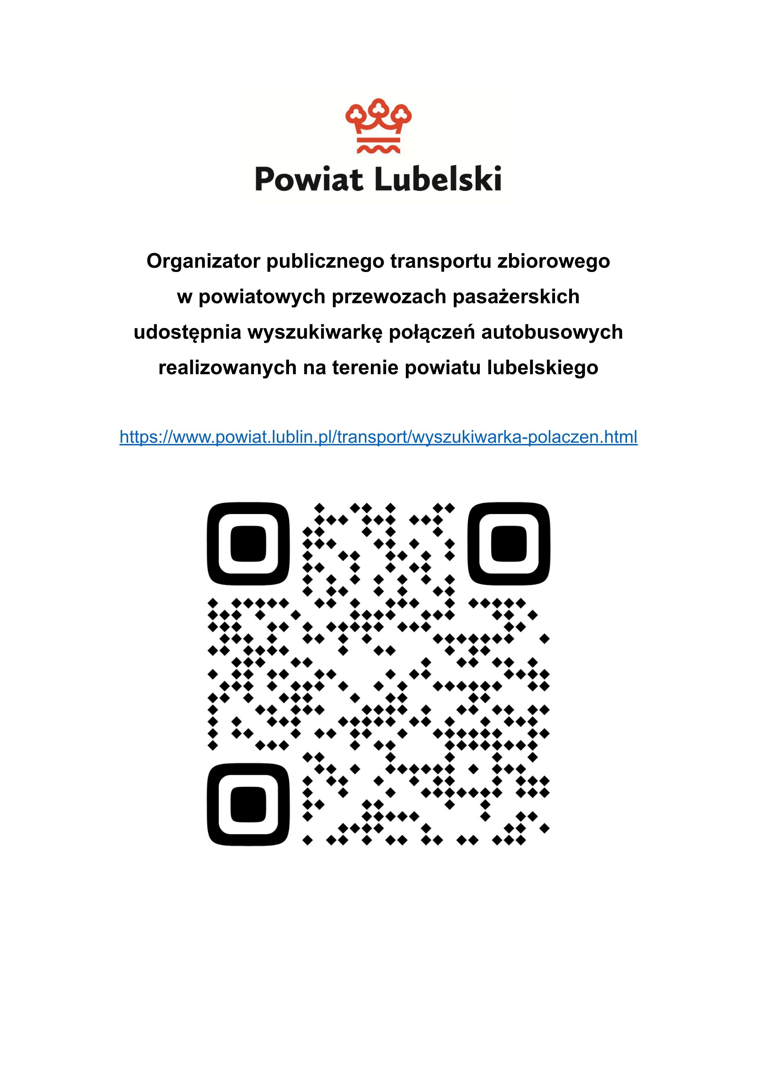 Logo Powiatu Lubelskiego. Link do Wyszukiwarki połączeń autobusowych.