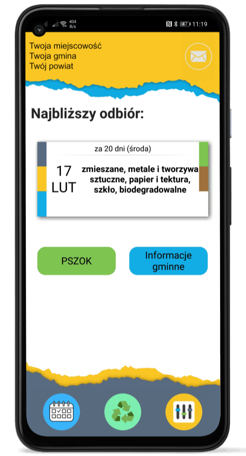 Ekran smartfona wyświetlający aplikację do zarządzania odpadami, z datą najbliższego odbioru odpadów i ikonami do segregacji.