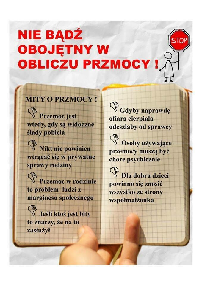 Opis alternatywny: Plakat edukacyjny wyglądający jak otwarta książka z tekstami i ilustracjami dotyczącymi przemocy domowej, w tym mitów, praw rodziny i zachęt do zgłaszania przypadków przemocy.