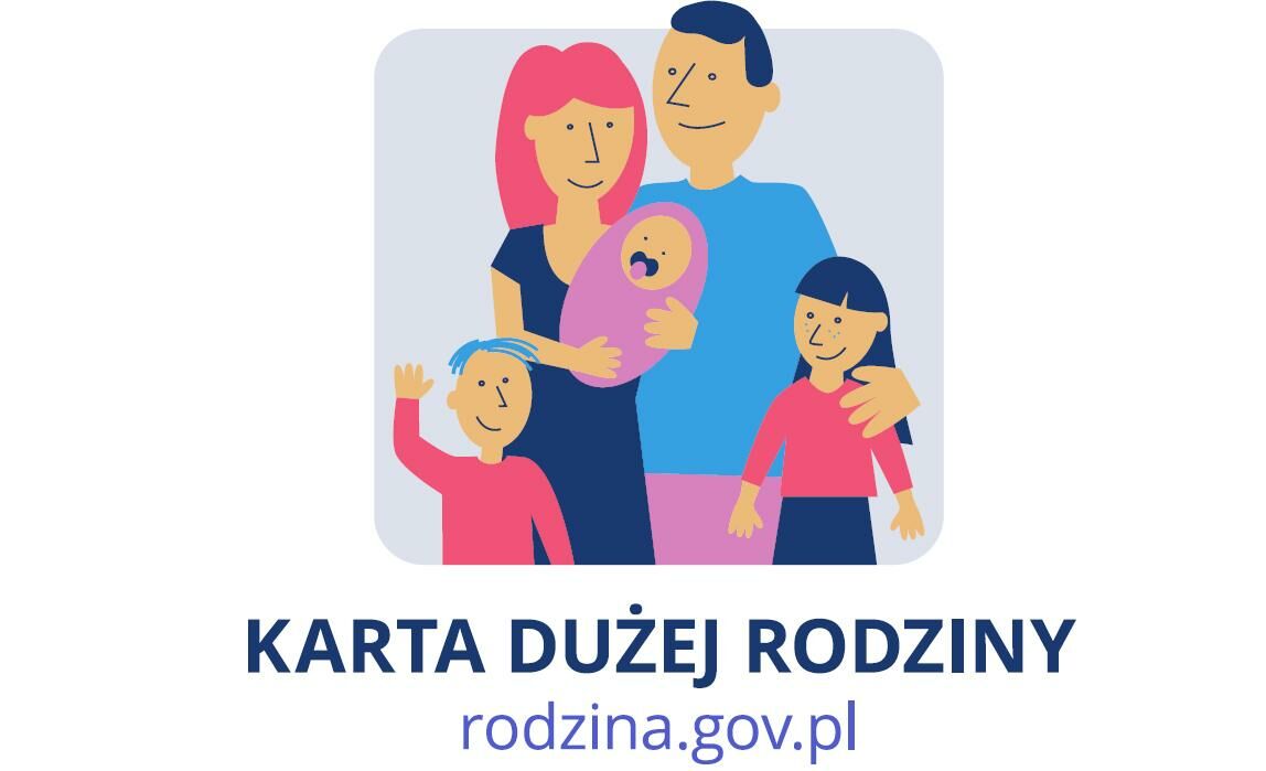 Ilustracja przedstawia rysunkową, szczęśliwą rodzinę: dwoje dorosłych i troje dzieci, z napisem 