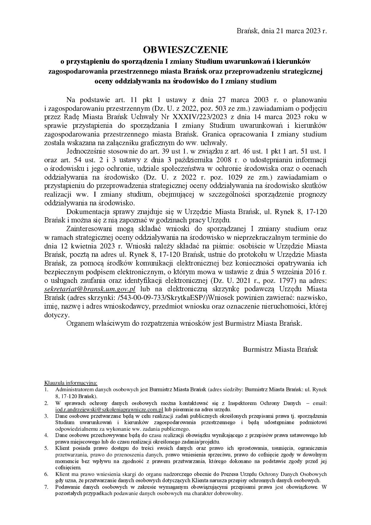 Bransk UM obwieszczenie studium zm I1 page 001