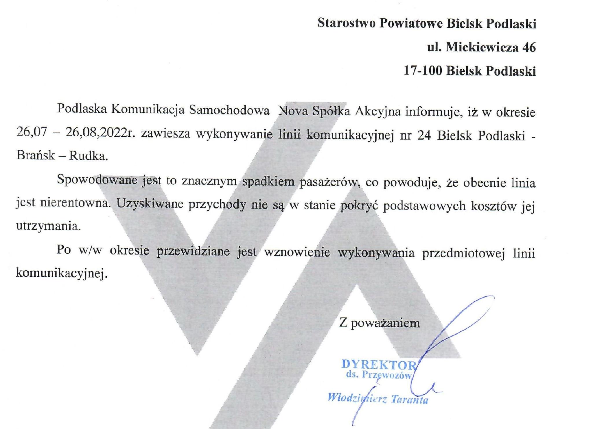 Informacja o zawieszeniu wykonywania linii komunikacyjnej nr 24 Bielsk Podlaski Brańsk Rudka page 001