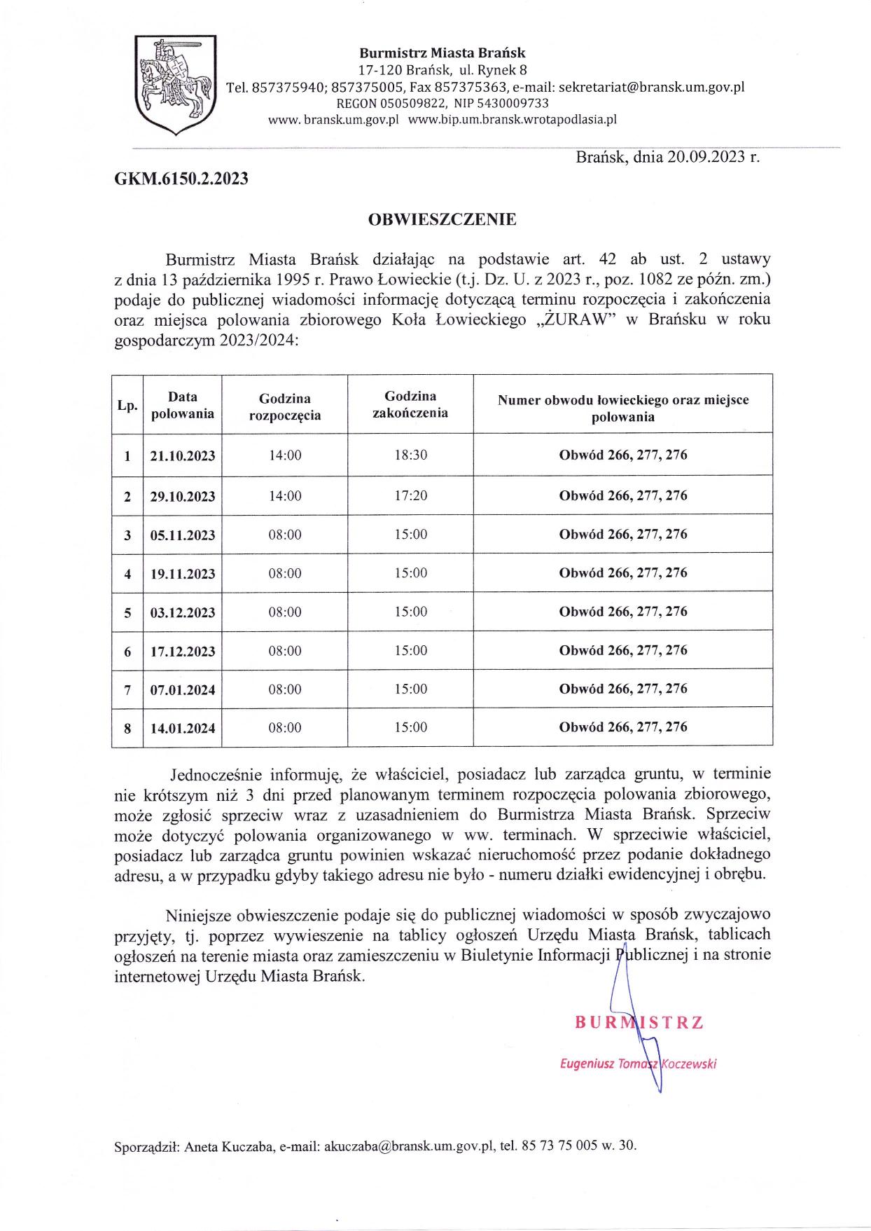 Obwieszenie ws. polowania zbiorowego Koła Łowieckiego Żuraw page 001