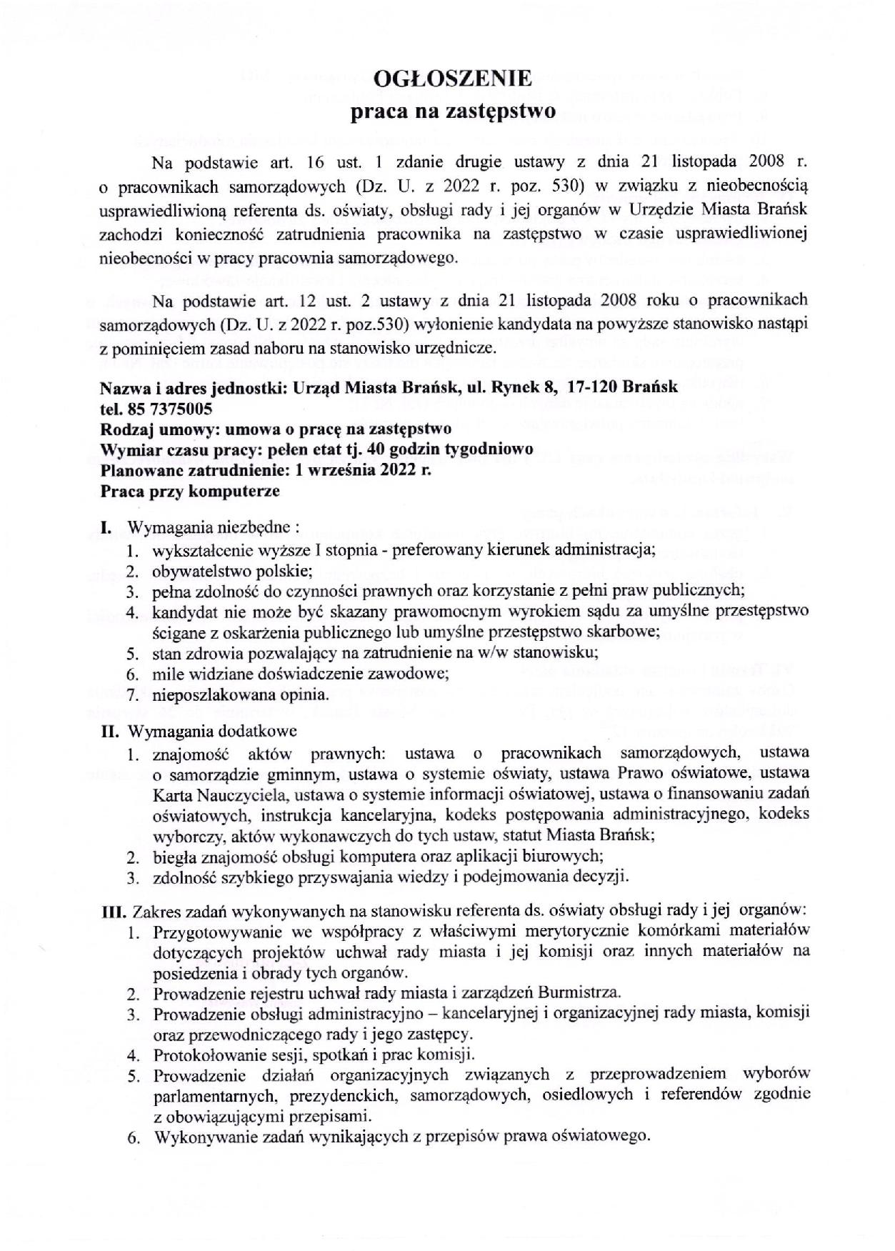 Ogłoszenie praca na zastępstwo page 001