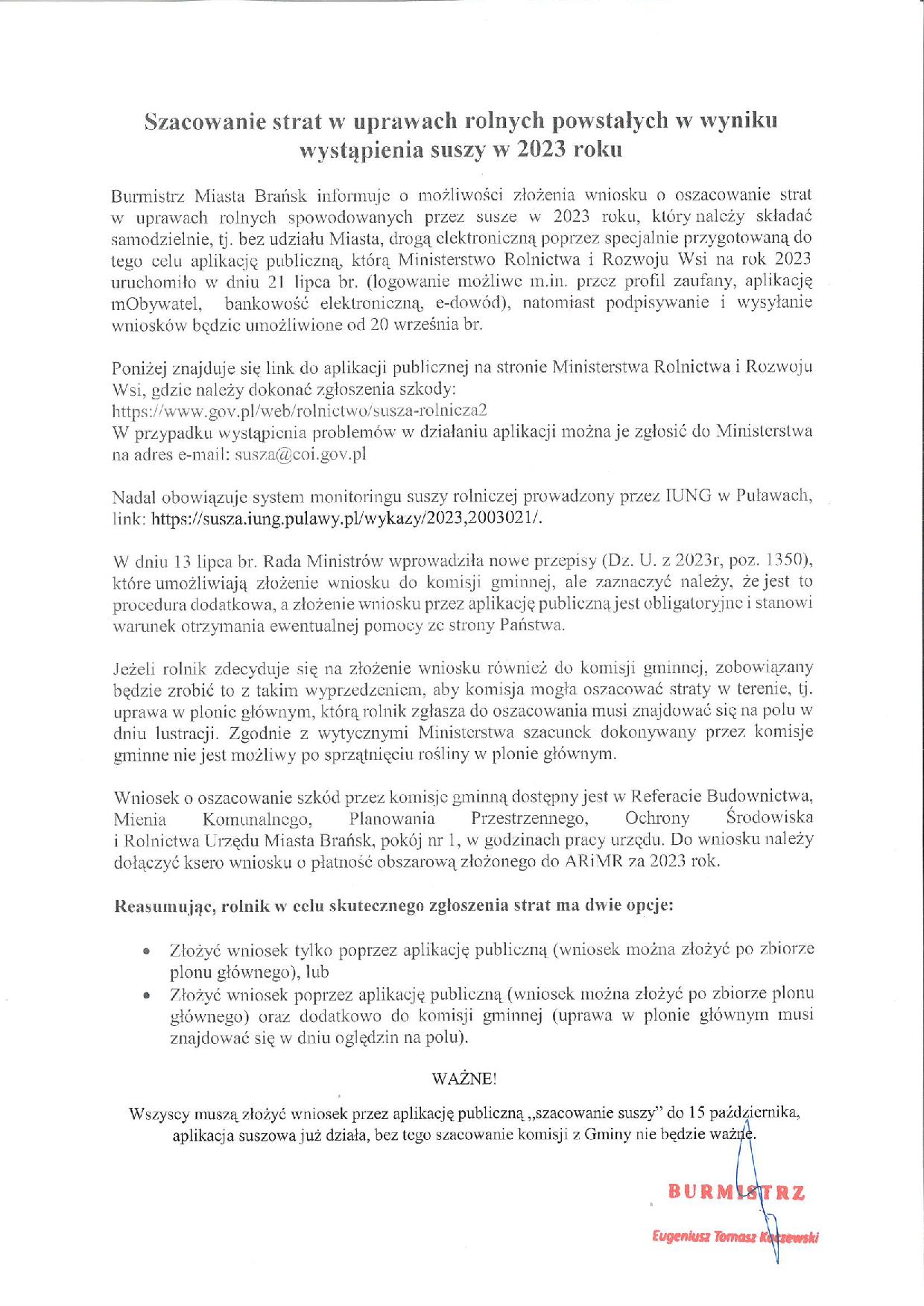 Szacowanie strat w uprawach rolnych powstałych w wyniku wystąpienia suszy w 2023 roku informacja page 001