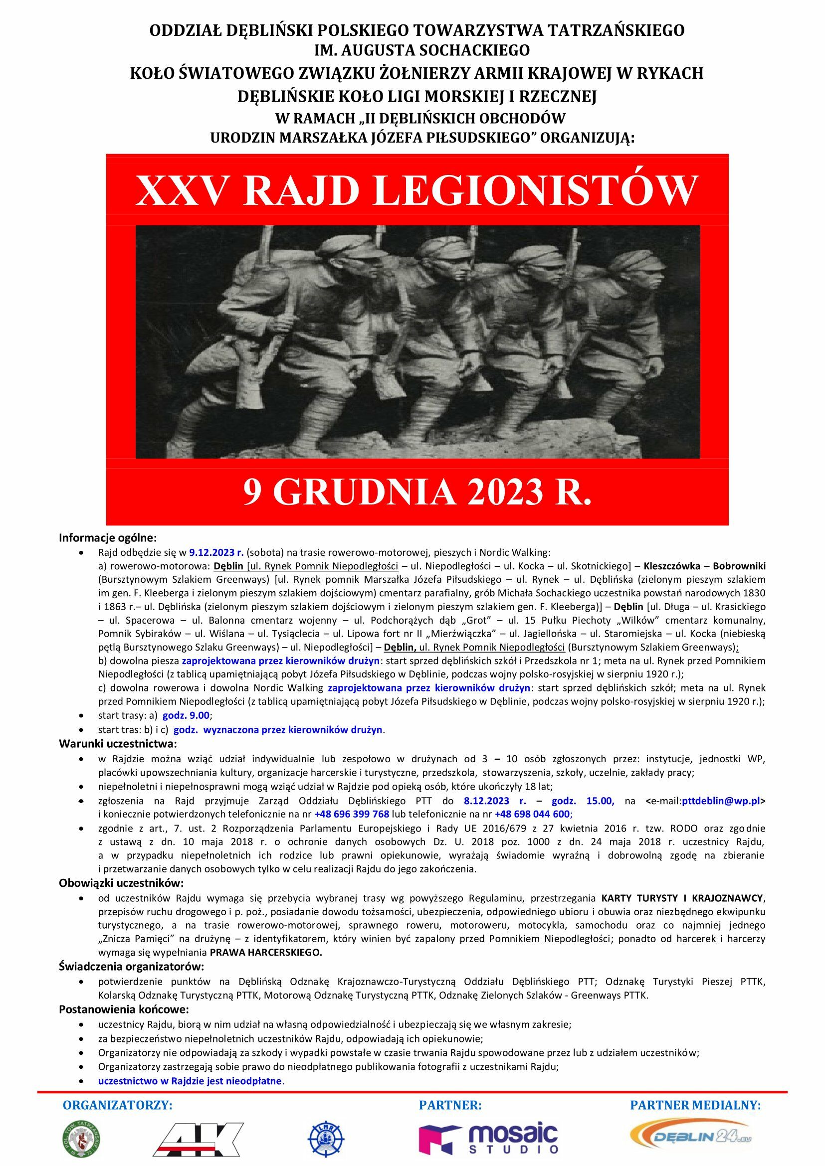 Plakat wydarzenia "XXV Rajd Legionistów" z datą 9 grudnia 2023 r. zawierający czarno-białe zdjęcie grupy żołnierzy w marszu. Informacje o organizatorach i partnerach poniżej.