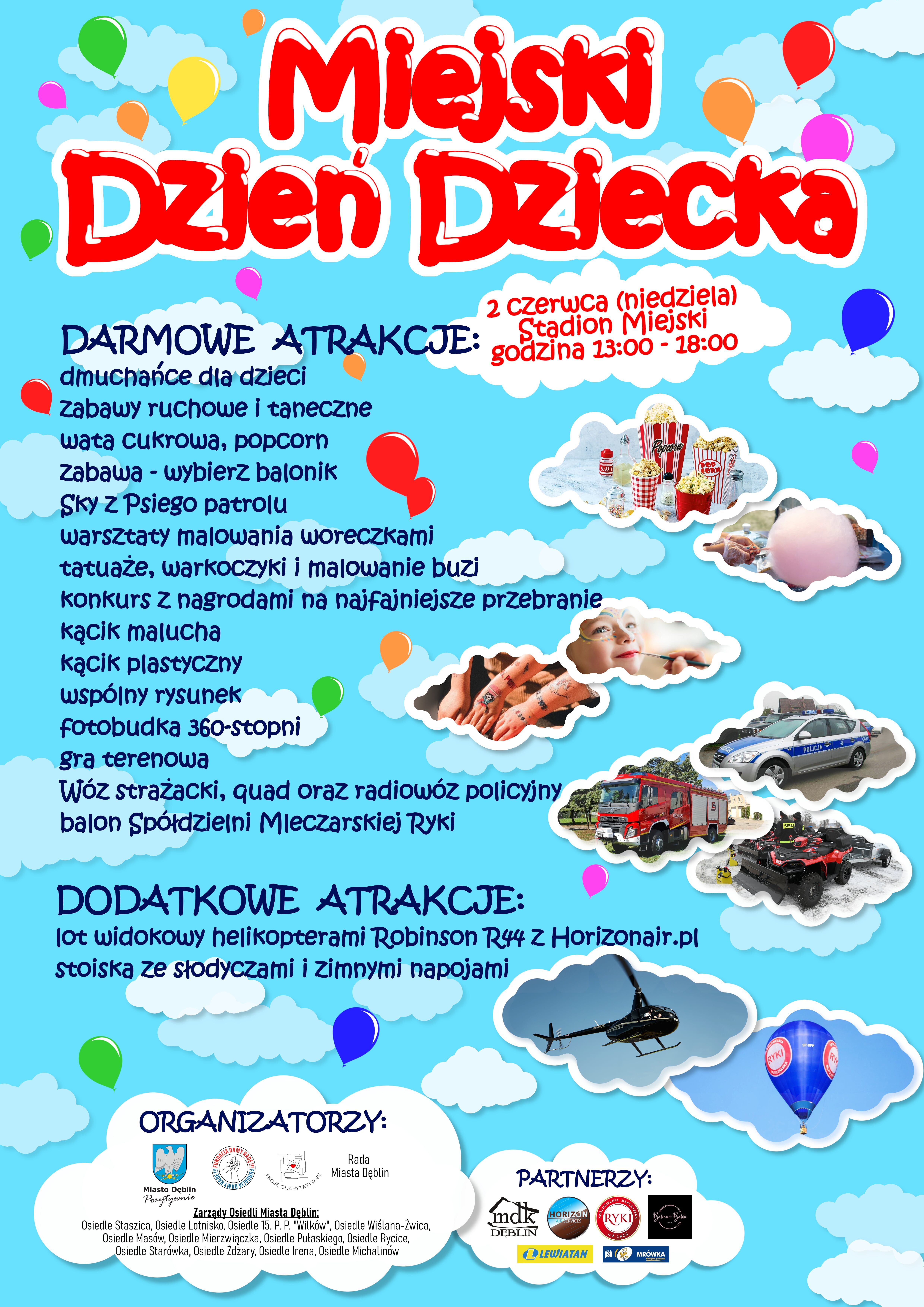 Plakat wydarzenia "Międzynarodowy Dzień Dziecka" z kolorowym tłem i ilustracjami balonów, chmur i zabawek. Zawiera informacje o atrakcjach, godzinach i organizatorach.