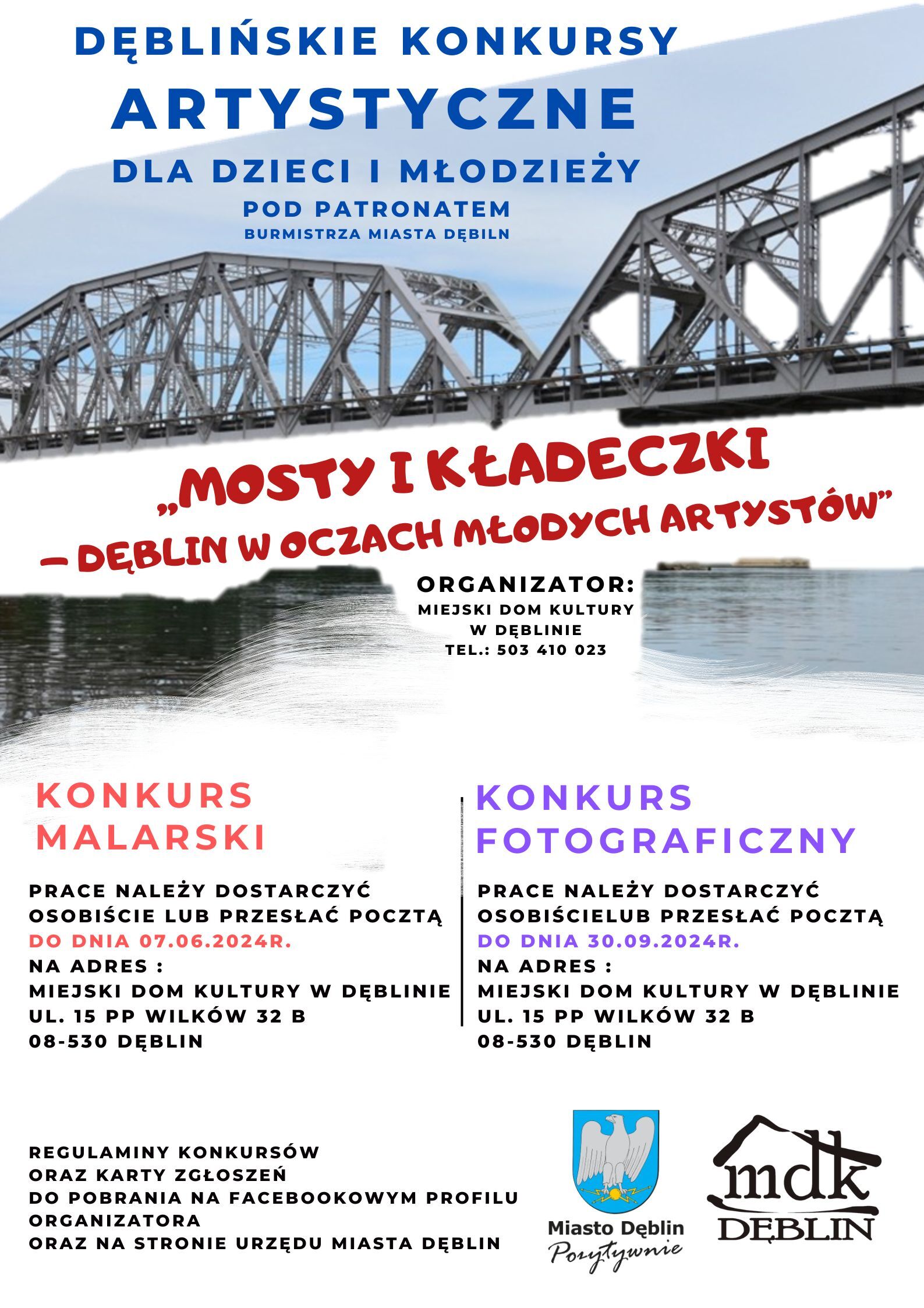 Plakat informacyjny promujący konkursy dla młodych artystów zorganizowane przez Młodzieżowy Dom Kultury w Dęblinie. Zawiera szczegóły dotyczące terminów i miejsc.