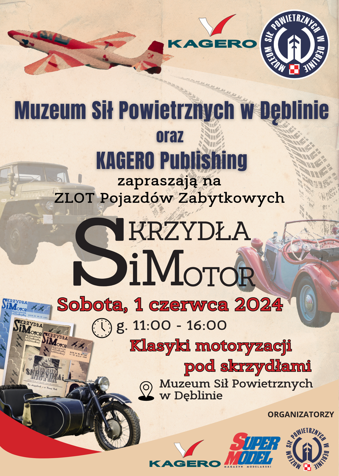 Plakat wydarzenia w muzeum z samolotami i samochodami zatytułowany "Skrzydła i Motor", z informacjami o dacie, miejscu i czasie, z wizerunkami pojazdów historycznych.