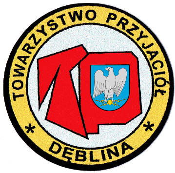 Logo Towarzystwa Przyjaciół Dęblina z namiotem i orłem na tarczy na czerwono-biało-żółtym tle z napisem wokół.