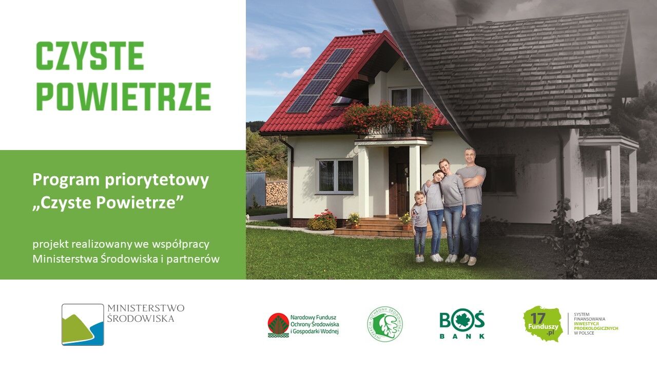 Baner promocyjny programu "Czyste Powietrze" z grafiką domu jednorodzinnego, rodziny stojącej przed nim oraz logo partnerów projektu.