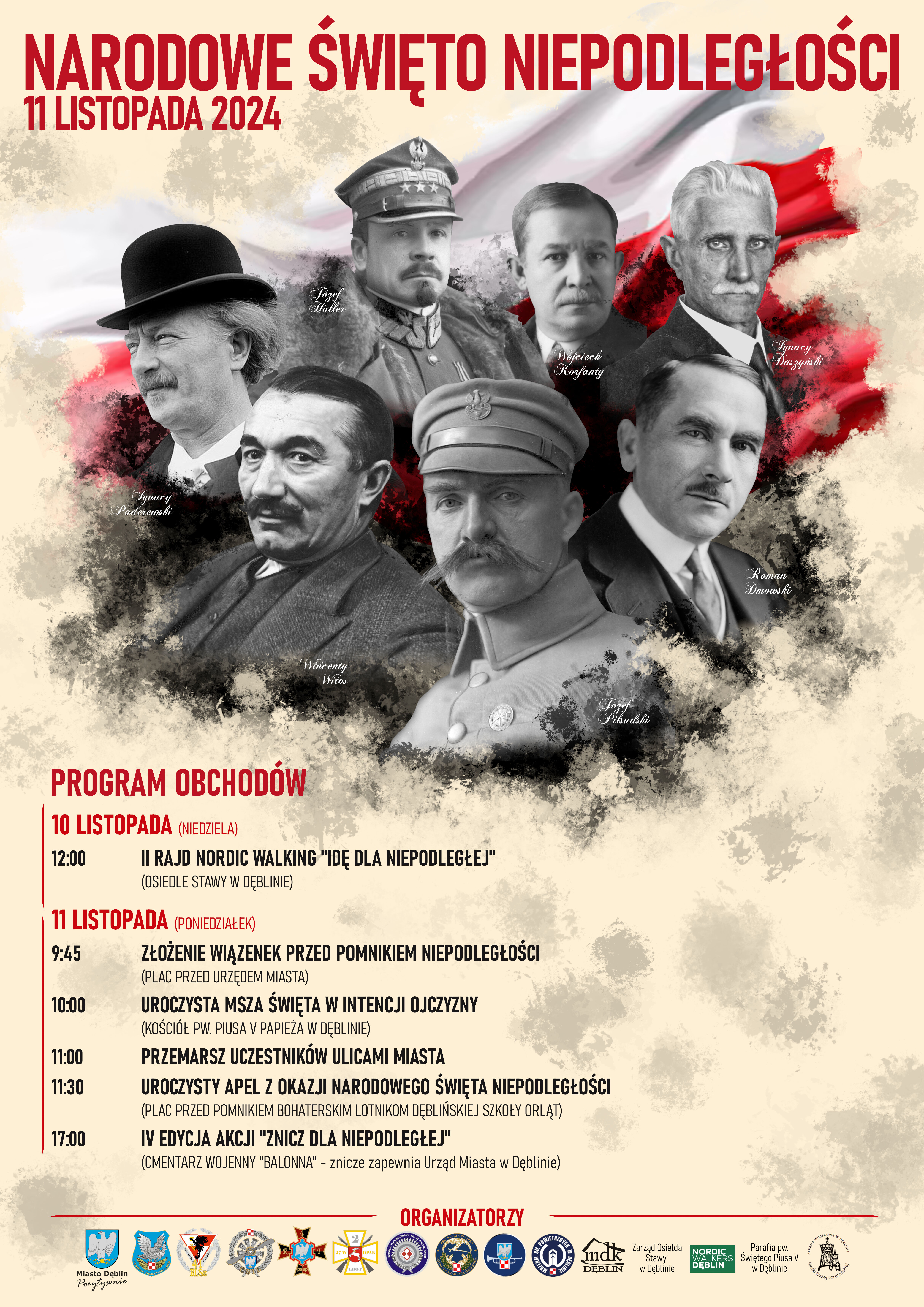 Plakat obchodów Narodowego Święta Niepodległości 11 listopada 2024 z wizerunkami historycznych polskich postaci na tle flagi, zawierający program uroczystości i logotypy organizatorów.