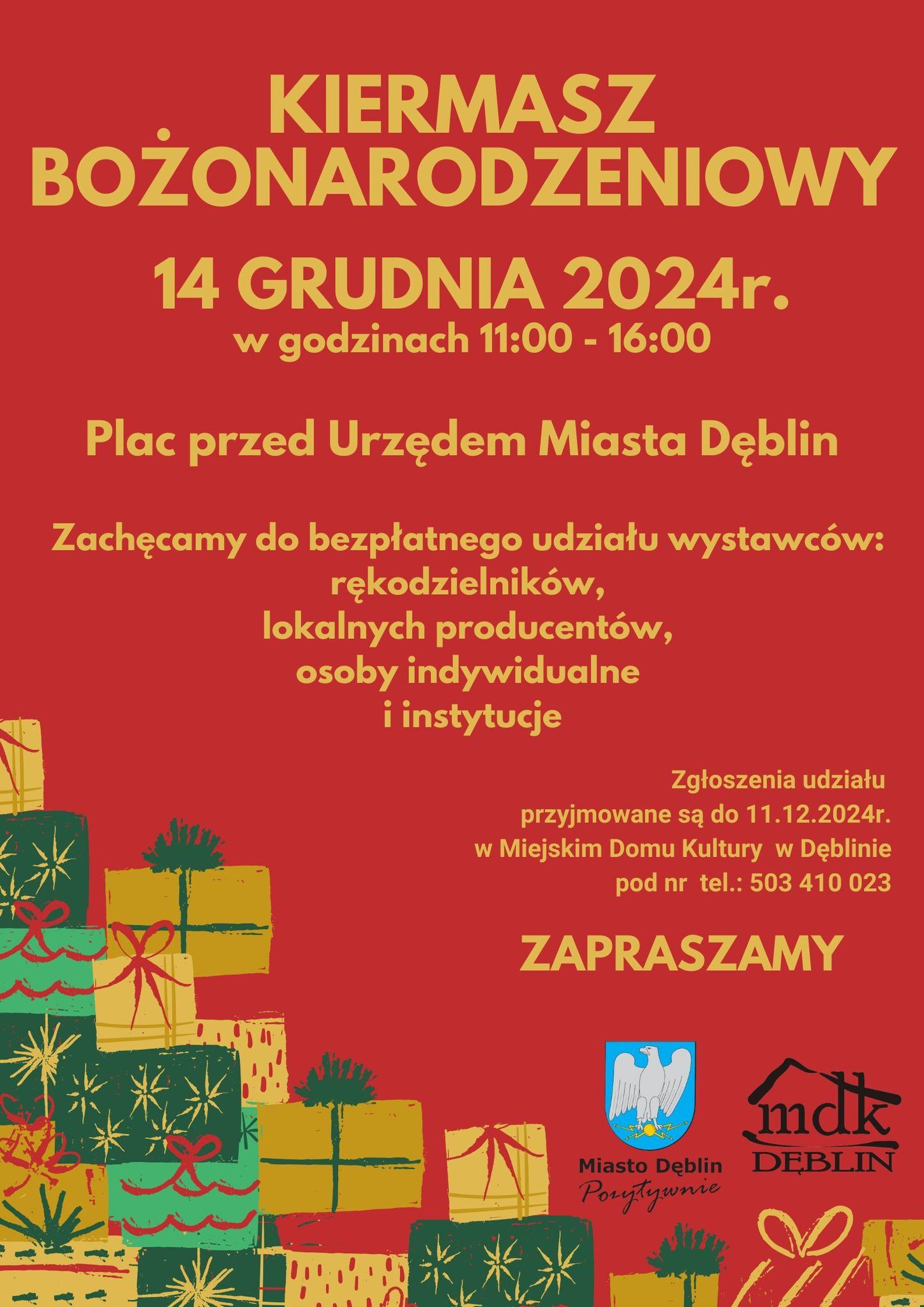 plakat na kiermasz bożonarodzeniowy na czerwonym tle żółte napisy z grafiką prezentów