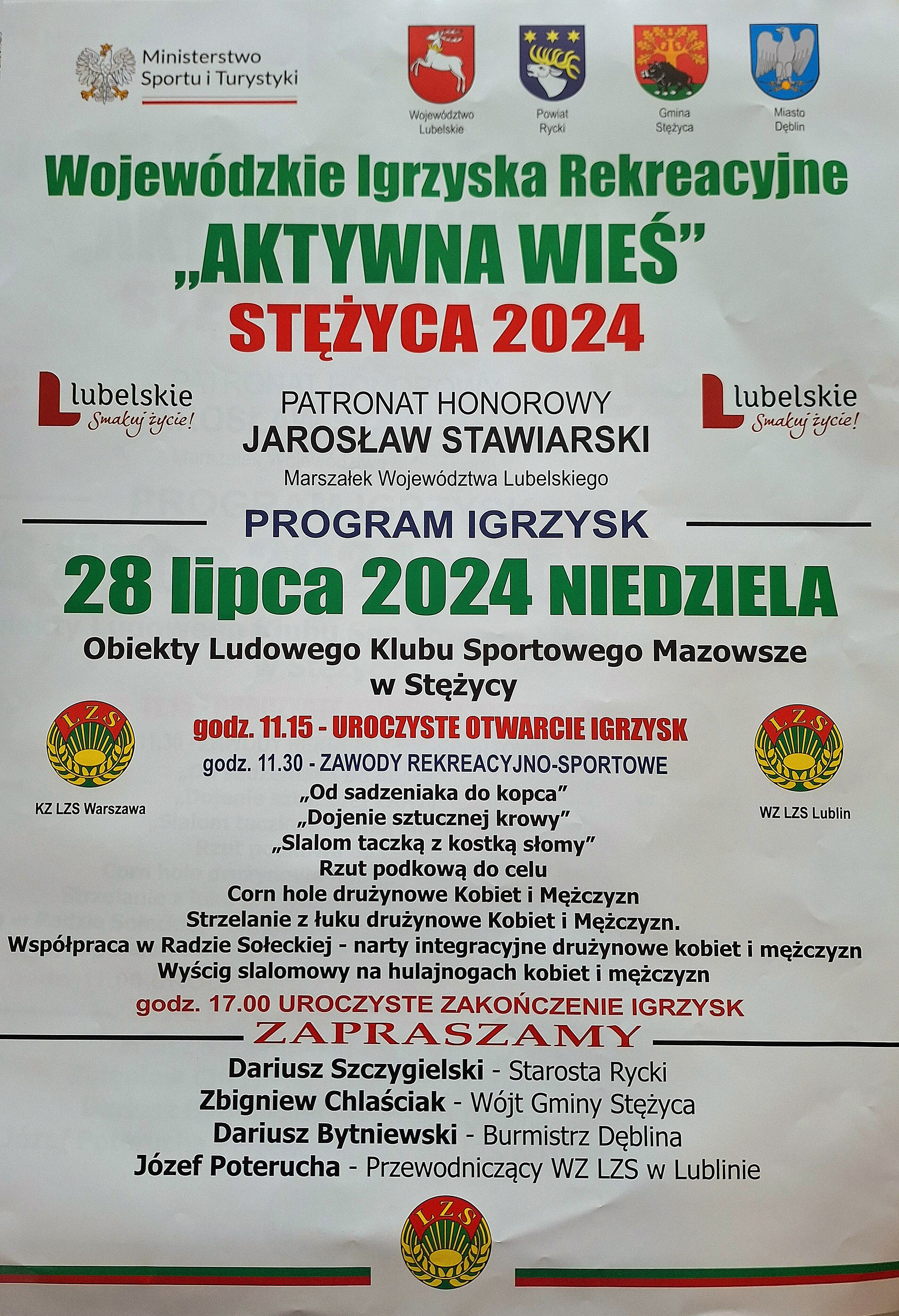 Opis alternatywny: Plakat informacyjny promujący wydarzenie "Aktywna WIEŚ" z czerwonymi i żółtymi elementami graficznymi. Zawiera tekst, daty i nazwy sponsorów.