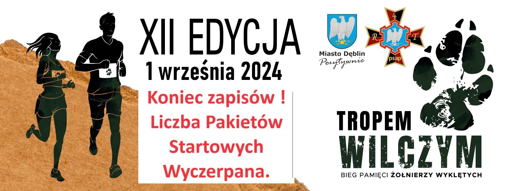 Baner XII Edycji biegu "Tropem Wilczym" z datą 1 września 2024 w mieście Dęblin. Informuje o zakończeniu zapisów i wyprzedaniu pakietów startowych.