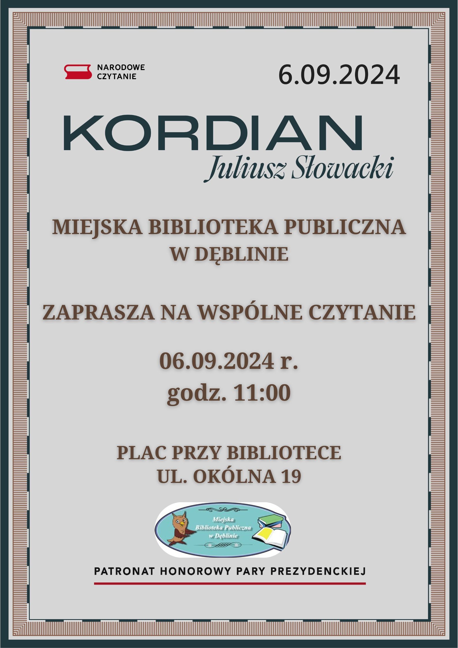 Plakat promujący wydarzenie: publiczne czytanie dzieła "Kordian" Juliusza Słowackiego, 6 września 2024 roku, o godzinie 11:00, w Miejskiej Bibliotece Publicznej przy ulicy Okólnej 19.