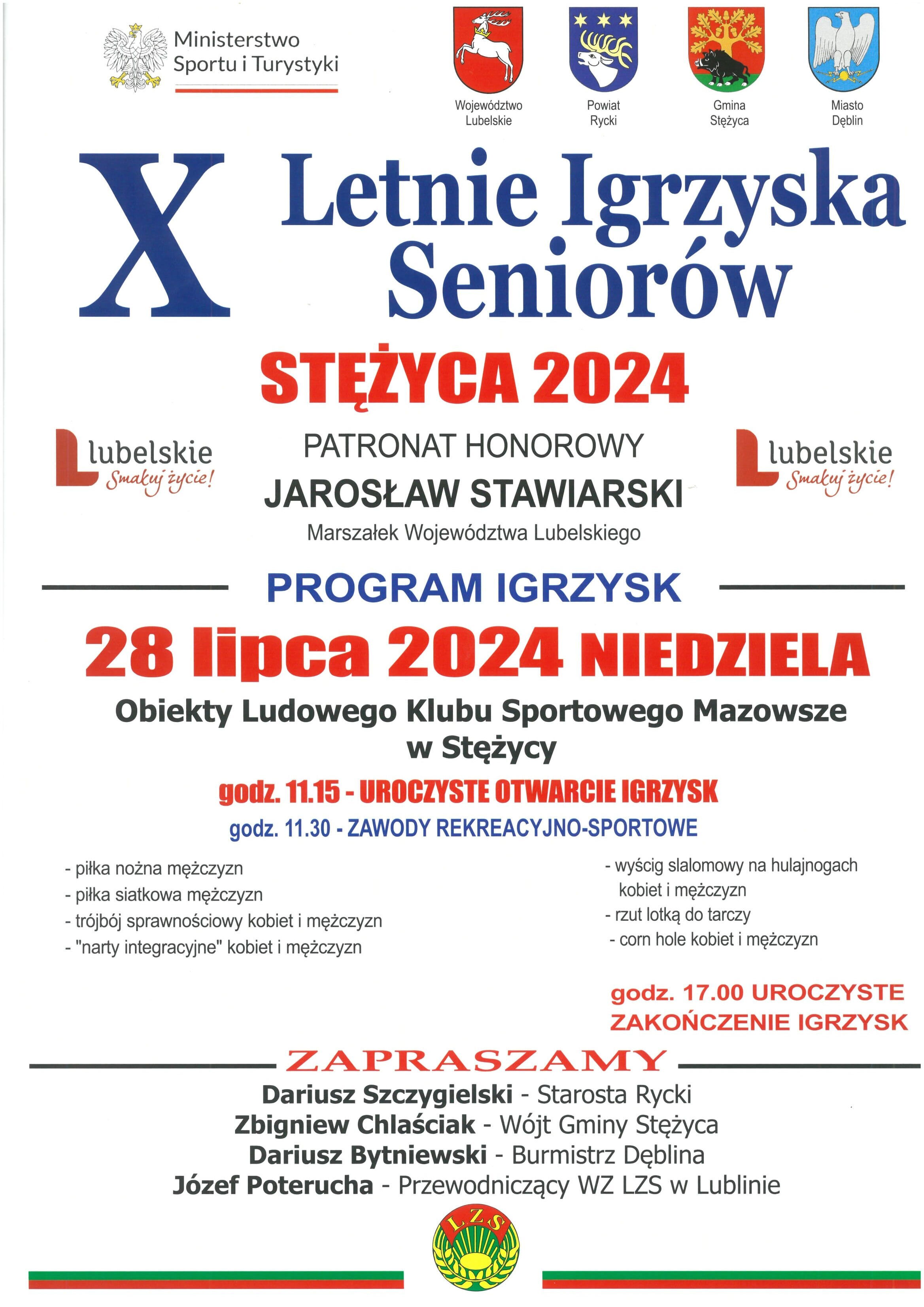 Plakat informacyjny "Letnie Igrzyska Seniorów - Steżnica 2024" z datą, programem wydarzeń, sponsorami i zaproszeniem. Zawiera loga i elementy graficzne.