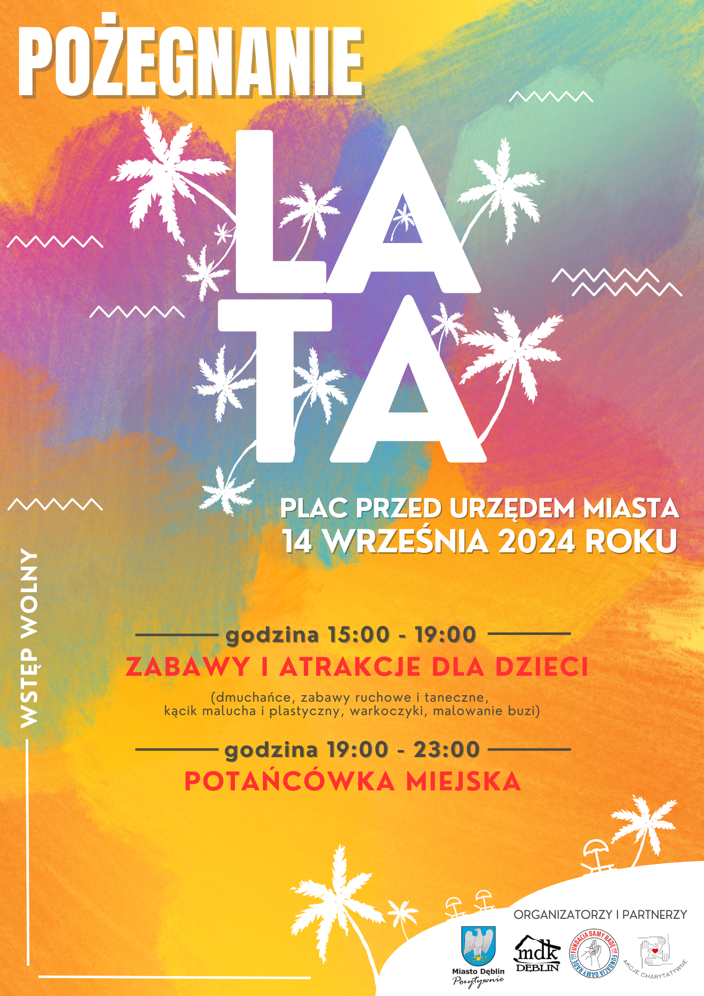 Plakat wydarzenia z napisem "Pożegnanie lata" w dużych literach, z grafikami śnieżynkek obok, na tle gradientu od żółtego do purpurowego. Informuje o imprezie z zabawami dla dzieci, przewidzianej między 15:00 a 19:00.