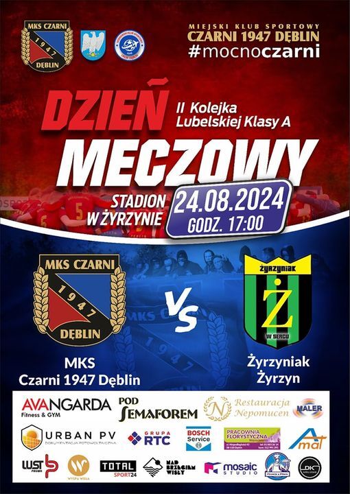 Plakat promocyjny meczu piłkarskiego pomiędzy MKS Czarni 1947 Debno a Zrywny Zyrzyn, datowany na 24 maja 2024 o godzinie 17:00, z logotypami sponsorów i informacją o dniu meczu.