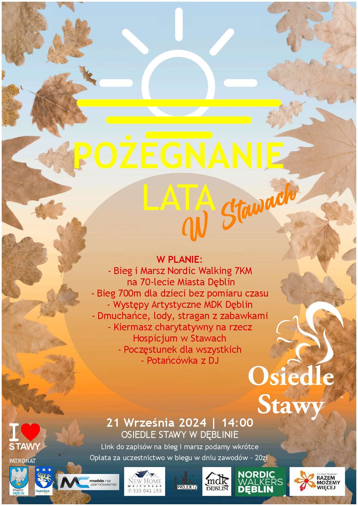 Plakat wydarzenia "Pożegnanie Lata w Stawach", zawierający informacje o planie imprezy, z grafiką liści i sylwetek biegających osób, datę 21 września 2023 r., oraz loga sponsorów.