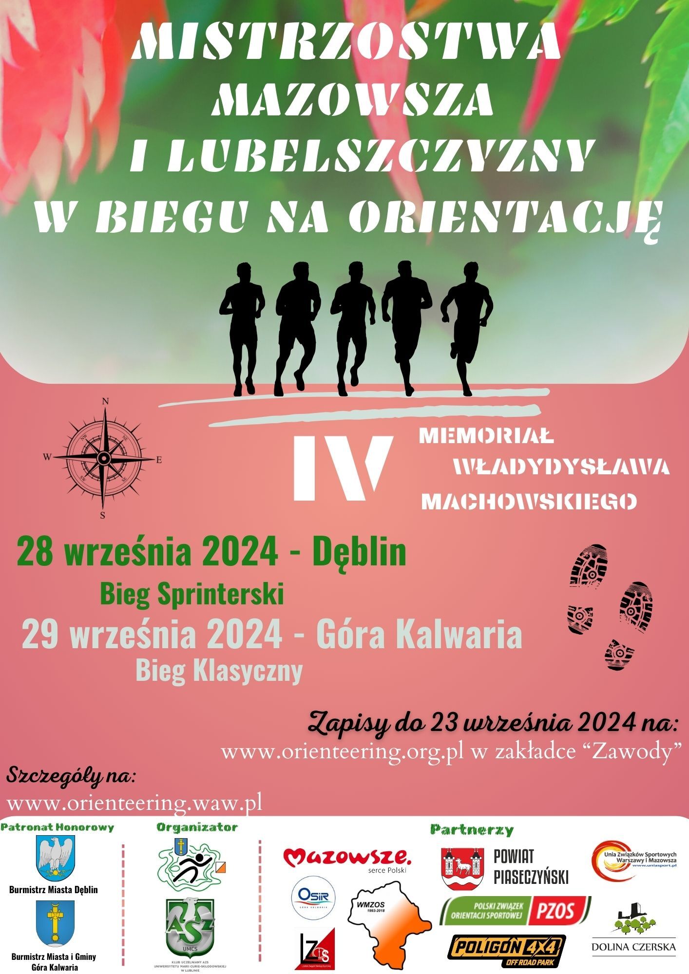 Plakat wydarzenia sportowego "Mistrzostwa Polski i Mazowsza w Biegu na Orientację" z datą 28 września 2024 w miejscowości Góra Kalwaria. Zawiera sylwetki biegaczy i kompas, informacje, logotypy sponsorów.