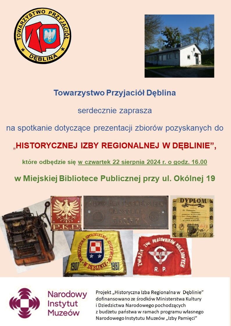 To zdjęcie przedstawia plakat zapowiadający wydarzenie historyczne. Na górze znajduje się logo organizatora. Poniżej tekst informuje o odbiorze zakupów w czwartek, z adresem miejsca. Na dole widoczne są zdjęcia historycznych eksponatów i flag.