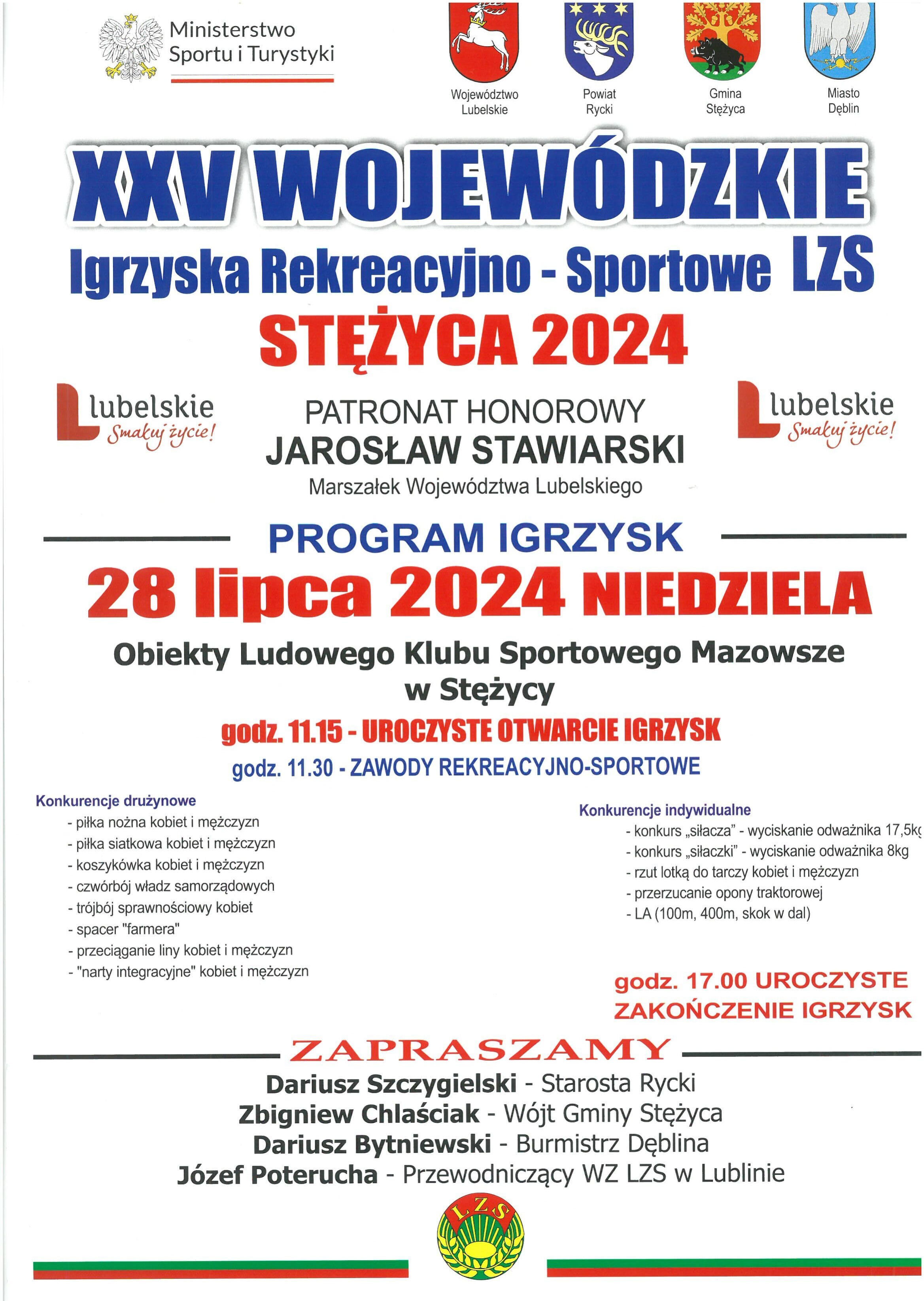 To zdjęcie przedstawia plakat informacyjny dotyczący "Igrzysk Rekreacyjno-Sportowych LZS – Strężyca 2024", który zawiera informacje o wydarzeniu, daty, logotypy sponsorów oraz nazwiska organizatorów.