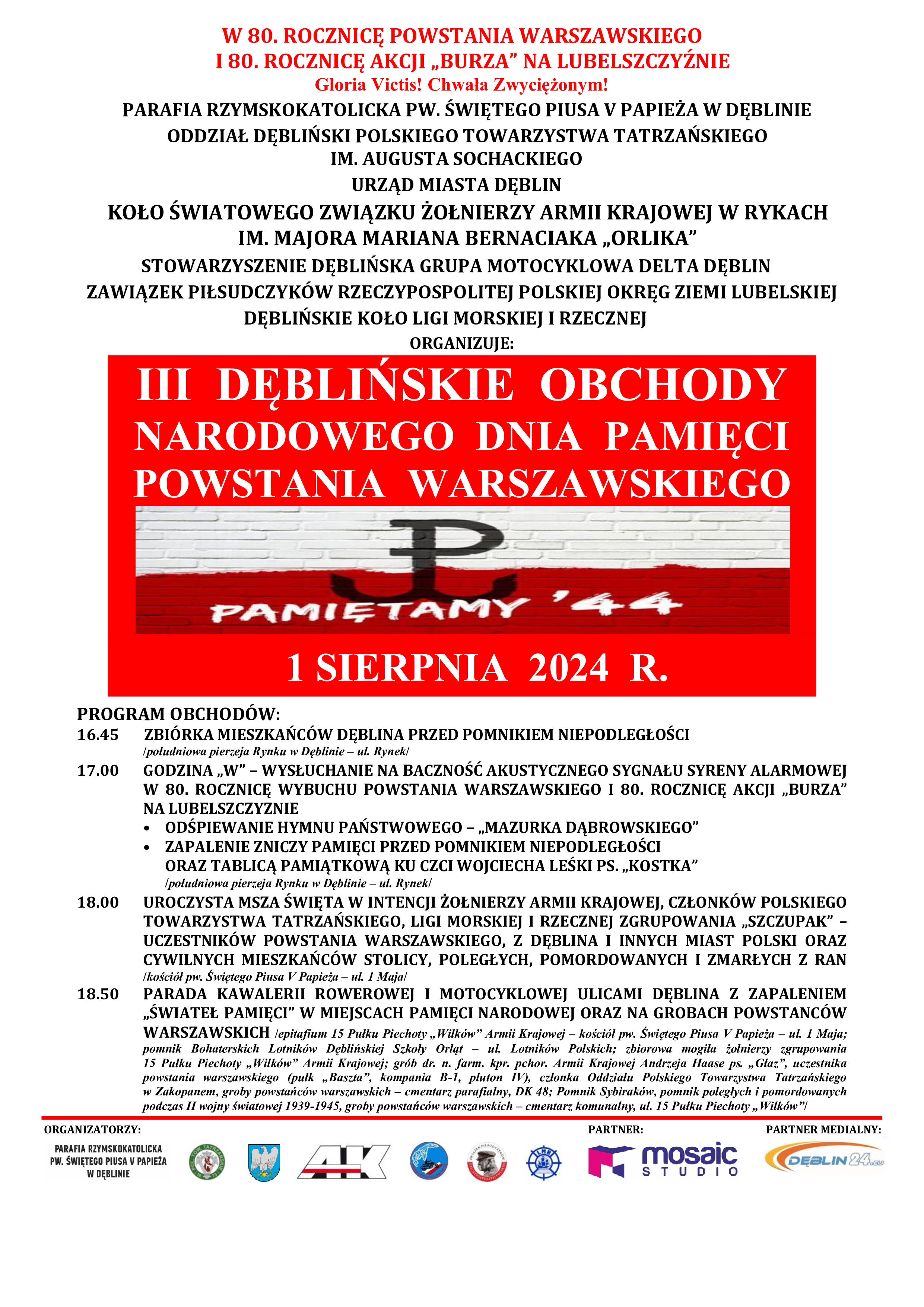 Plakat informacyjny o obchodach 80. rocznicy Powstania Warszawskiego w Dęblinie, z programem wydarzeń, logotypami organizatorów i czerwono-białymi akcentami.