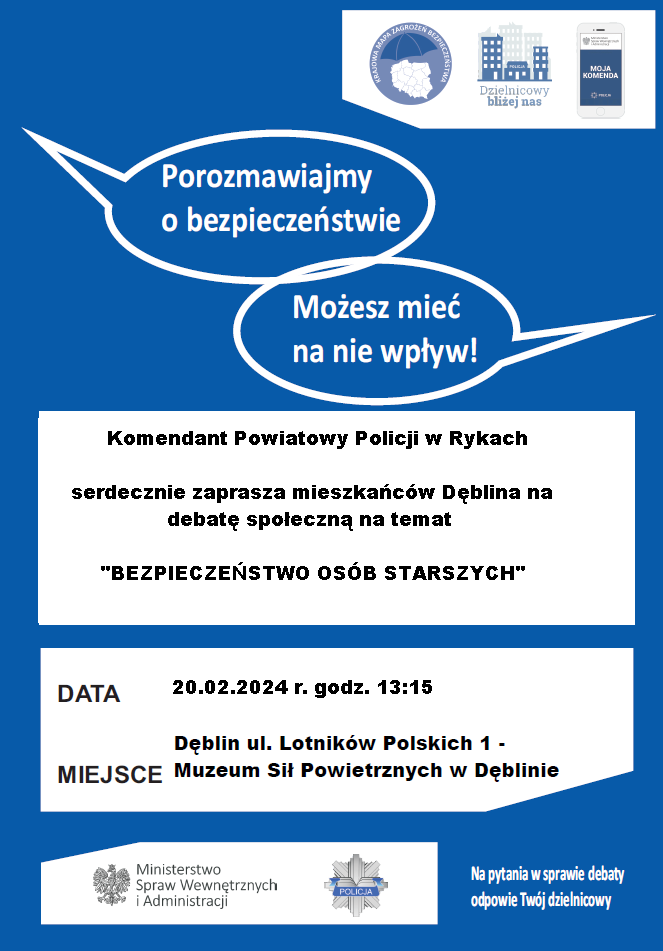 Opis alternatywny: Plakat zapraszający na spotkanie o bezpieczeństwie z hasłem "Masz wpływ!" w centrum. Zawiera datę, godzinę i miejsce wydarzenia oraz informacje o organizatorach. Grafika z niebieskimi akcentami i symbolami bezpieczeństwa.