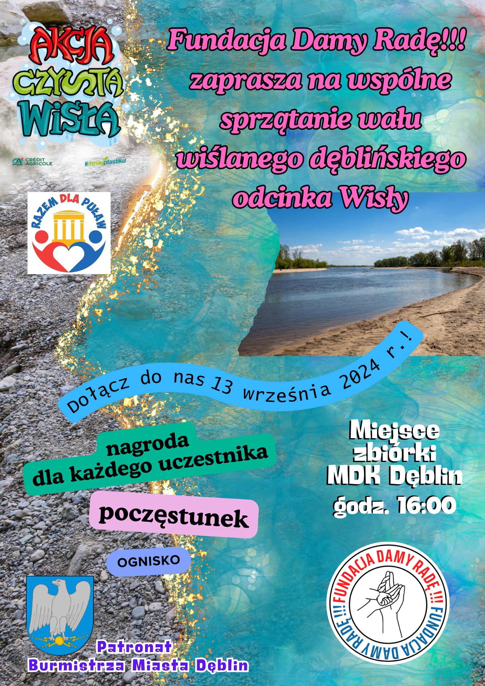 Plakat z informacją o wydarzeniu organizowanym przez fundację, zachęcającym do sprzątania brzegów Wisły, z grafiką rzeki i ziemi, datami i logotypami.