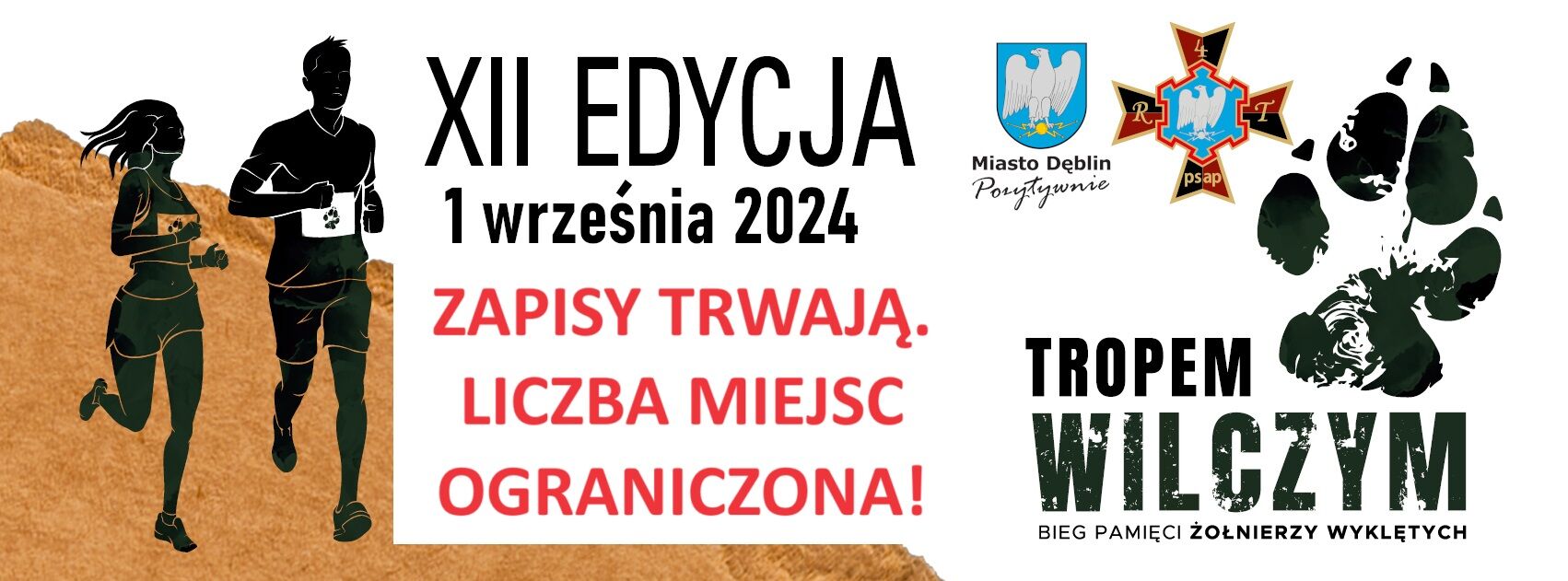 Baner promujący bieg pamięci "Tropem Wilczym" z datą 1 września 2024 w mieście Dęblin. Ilustracje biegaczy, logo miasta i informacja o ograniczonej liczbie miejsc.