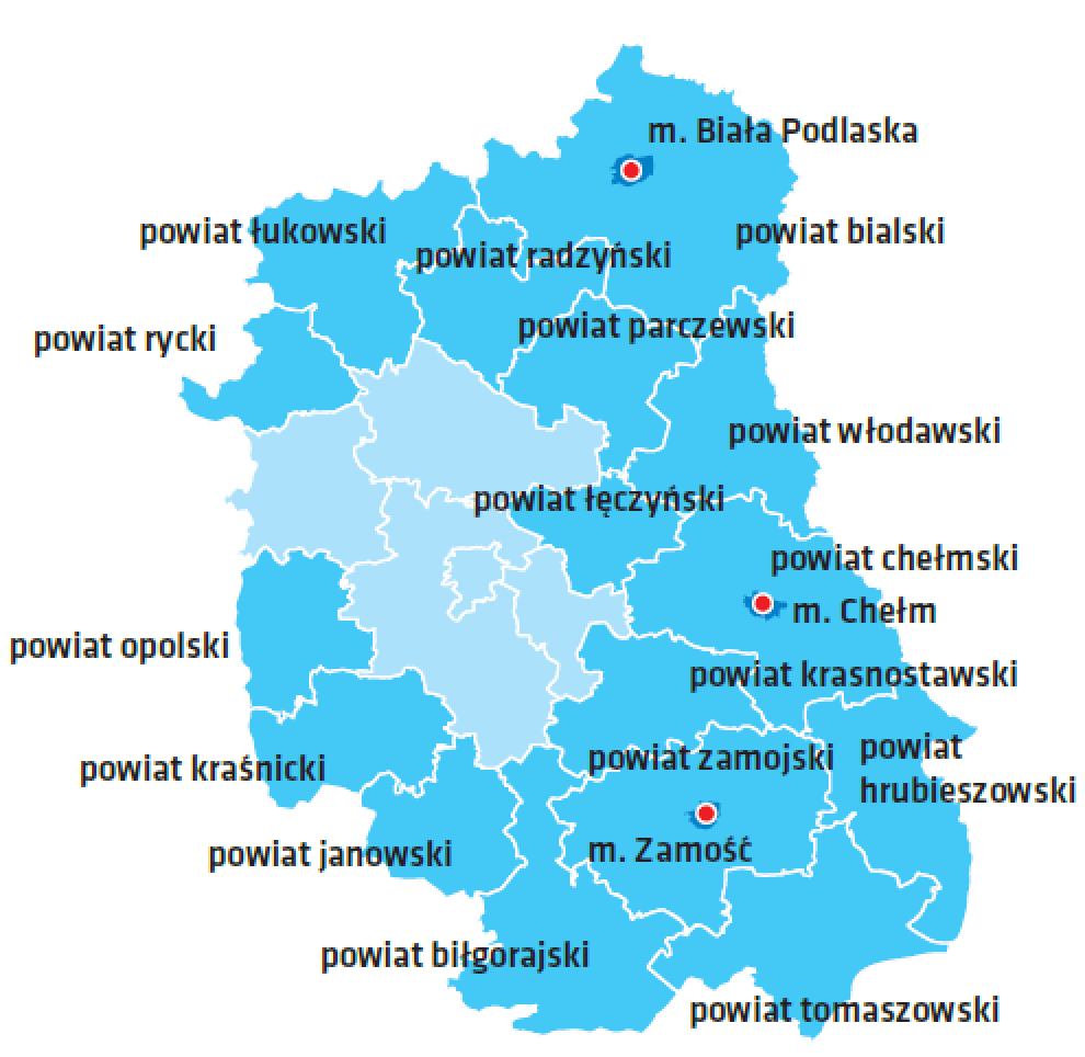 Mapa województwa lubelskiego w Polsce przedstawia podział na powiaty. Nazwy powiatów i miast zaznaczone są na niebieskim tle, a granice są wyraźnie oznaczone.