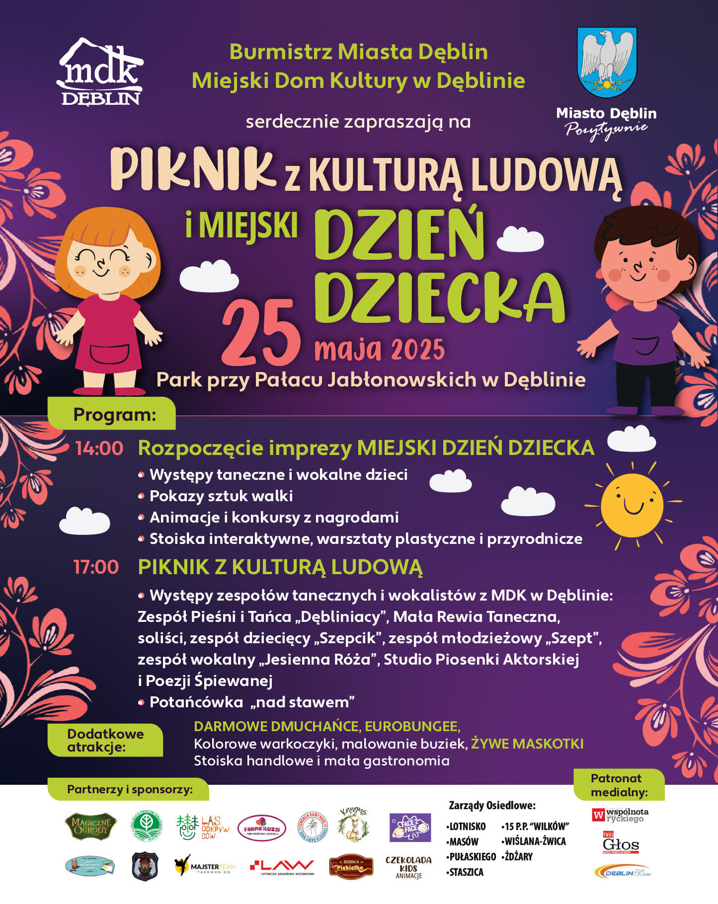 Plakat promujący wydarzenie "Piknik z Kulturą Ludową i Miejski Dzień Dziecka" 25 maja 2025 w Dęblinie. Zawiera informacje o programie, atrakcjach dla dzieci oraz występach zespołów muzycznych. Kolorowa grafika z animowanymi postaciami.