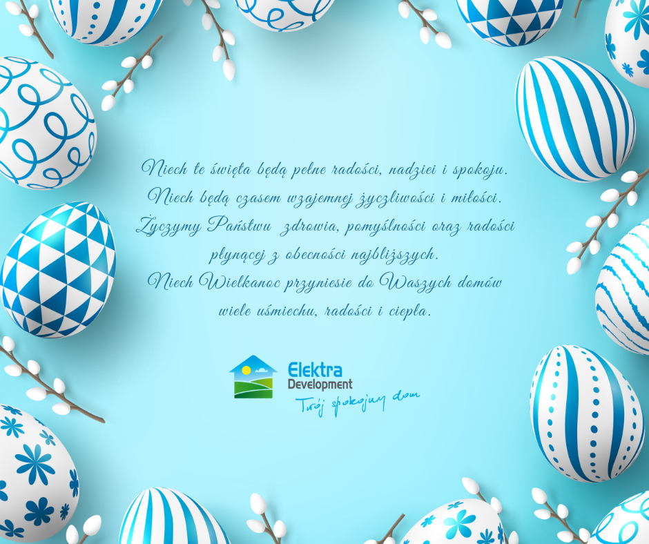 Zdjęcie przedstawia świąteczną kartkę z życzeniami wielkanocnymi, otoczoną kolorowymi, wzorzystymi jajkami wielkanocnymi na błękitnym tle.