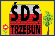 Logo oznaczone napisem "ŚDS TRZEBUŃ" na ceglanym tle, z żółtym tłem wokół, z grafiką drzewa i kwiatu.