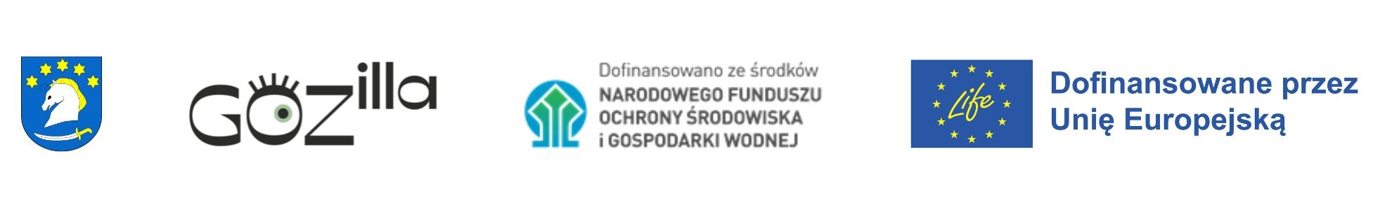 Na obrazie znajdują się cztery logotypy: pierwszy z koniem na niebieskim tle z gwiazdami, drugi z napisem "GoZilla," trzeci z napisem i symbolem ochrony środowiska, czwarty z flagą UE i napisem o finansowaniu.