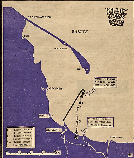 Mapa z miejscem zdarzenia w czasopiśmie "Morze" z października 1948 roku