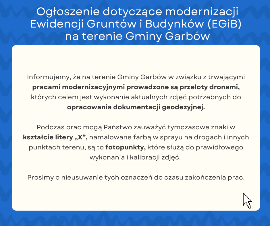 Ogłoszenie Ogłoszenie dotyczące modernizacji Ewidencji Gruntów i Budynków (EGiB) na terenie Gminy Garbów