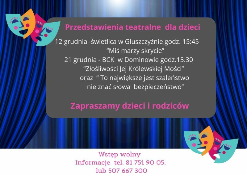 Plakat reklamujący przedstawienia teatralne dla dzieci ze szczegółami dotyczącymi dat i tytułów spektakli, telefonami kontaktowymi, na tle w pionowe niebieskie pasy.