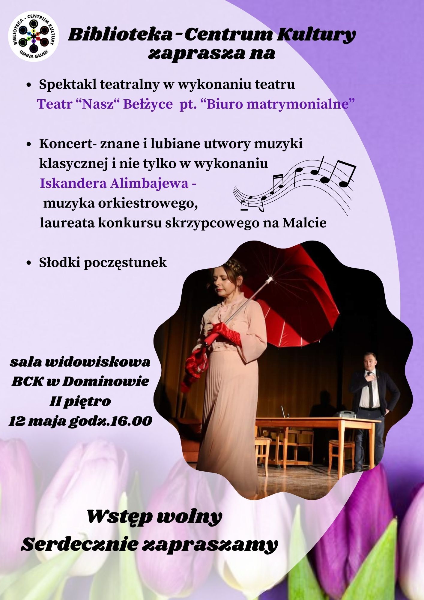 Zdjęcie przedstawia plakat wydarzenia kulturalnego z różnymi elementami graficznymi i tekstem. W górnej części znajduje się tytuł, a poniżej zdjęcia trzech różnych występów: aktorki, skrzypaczki i mówcy. Dominują kolory różowy, czerwony i niebieski.