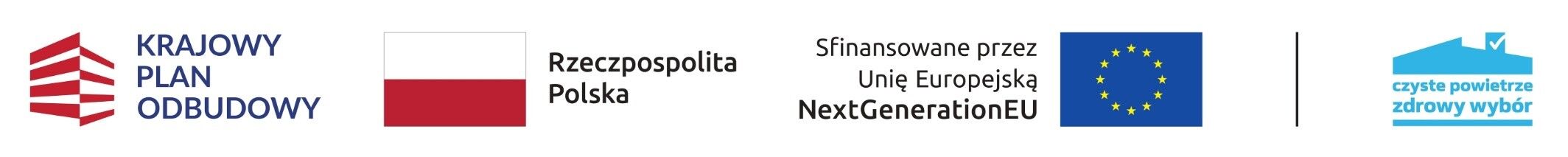 Logo "Krajowy Plan Odbudowy", polska flaga, napis "Rzeczpospolita Polska", logo UE z napisem "Sfinansowano przez NextGenerationEU", ikona domku z dymem.